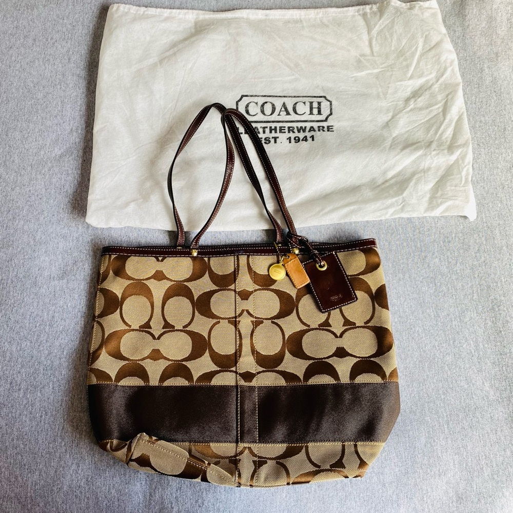 Coach Signature Stripe Big Tote Bag Mahogany Brown Canvas Leather Trim 10125 NEW